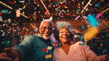 Fototapeta na wymiar Happy senior couple celebrating birthday and in retirement with confetti and fun.