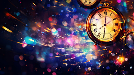 Fototapeta na wymiar Exploding alarm clock with colorful paint background. Celebration and time management