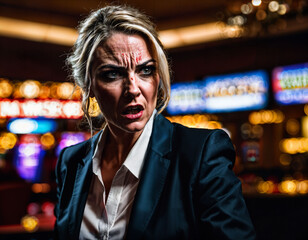 photo of angry and upset gambler woman in casino, generative AI