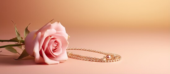 Necklace made of gold on a rose backdrop isolated pastel background Copy space