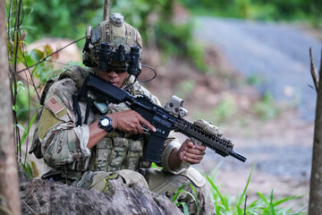 Military army soldiers tactical team, commando group moving cautiously in forest area, kneeling and...