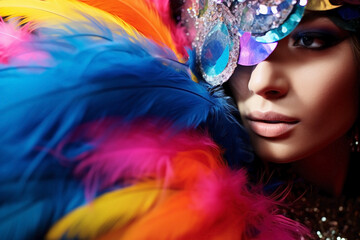 Portrait of young LGBTQ+ man enjoying carnival party. Queer person with fantasy makeup and colorful feathers in the Brazilian carnival parade.
