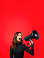 Black Friday discounts advertisement with woman on a red background using a megaphone and copy space. Promotional marketing offer and online shopping concept