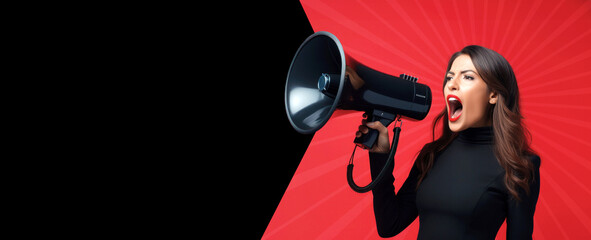 Woman announcing Black Friday offer through megaphone on a red and black background with copy space