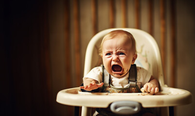 Child or infant baby crying that don't want eating food on baby chair Cute infant children get hungry and want new food Children get dirty Kid get tantrum Baby is stubborn baby copy space - obrazy, fototapety, plakaty