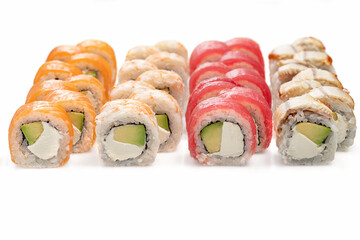 Assorted Japanese sushi roll set. sushi rolls set close up selective focus.