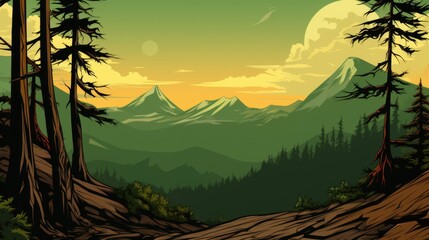 A cartoon illustration of a forest with trees and mountains, AI