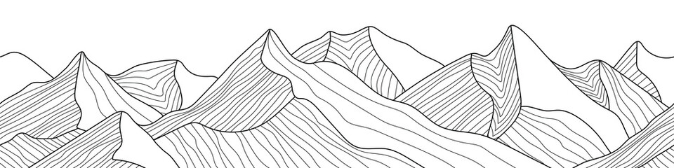 Black and white mountain line arts wallpaper, seamless border, imitation of mountain ranges, vector background, minimalism - obrazy, fototapety, plakaty