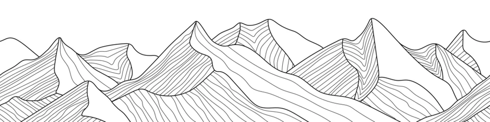 Fotobehang Black and white mountain line arts wallpaper, seamless border, imitation of mountain ranges, vector background, minimalism © Valerii