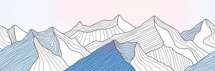 Mountain line arts wallpaper, seamless border, imitation of mountain ranges, vector background, minimalism