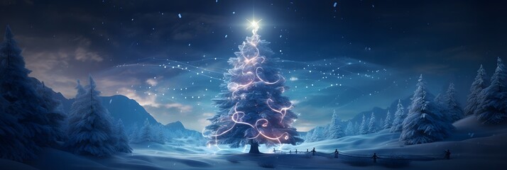 Decorated Christmas tree in a serene snowy landscape - obrazy, fototapety, plakaty