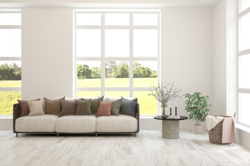 Modern interior concept with sofa and summer landscape in window. 3D illustration