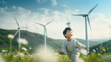 Progressive young asian boy playing with wind pinwheel toy in the wind turbine farm, green field over the hill. Green energy from renewable electric wind generator. Windmill in the countryside