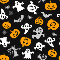 Halloween vector set. Pumpkin, bat, ghost. Simple seamless pattern