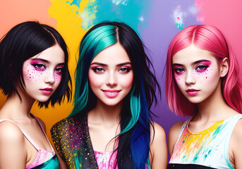 Fashion portrait of group of beautiful young woman with colorful hairstyle and makeup. Generative AI.