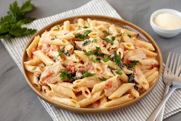 Homemade Creamy Chicken Penne Pasta on a Plate, side view.