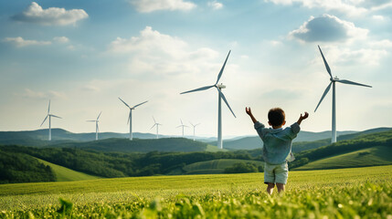 Progressive young asian boy playing with wind pinwheel toy in the wind turbine farm, green field over the hill. Green energy from renewable electric wind generator. Windmill in the countryside - obrazy, fototapety, plakaty