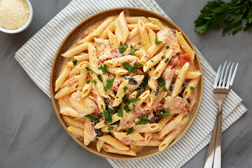 Homemade Creamy Chicken Penne Pasta on a Plate, top view. Flat lay, overhead, from above.