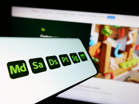 Stuttgart, Germany - 09-23-2023: Smartphone with logo of software product Adobe Substance 3D on screen in front of company website. Focus on center-left of phone display.