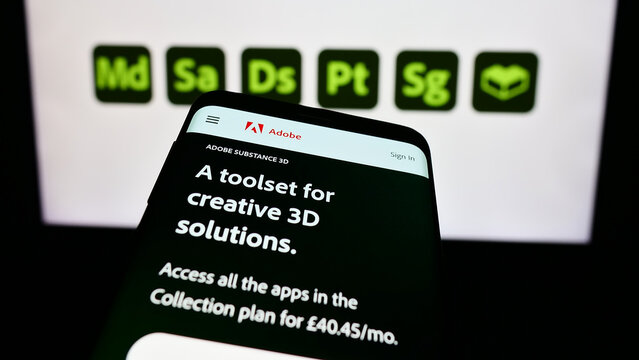 Stuttgart, Germany - 09-23-2023: Mobile phone with webpage of software product Adobe Substance 3D on screen in front of business logo. Focus on top-left of phone display.