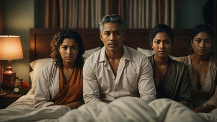 In a warmly lit room, smiling young three woman living in a Polyamorous relationship with one men gather on a sumptuous bed. Concept modern partnership love. Generative AI - obrazy, fototapety, plakaty