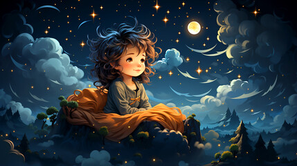 Obraz na płótnie Canvas The adorable baby peacefully rests on a cloud under the enchanting moonlight