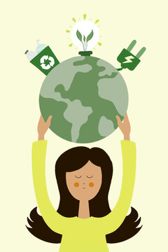 Painted woman holding Earth with renewable energy and recycle signs