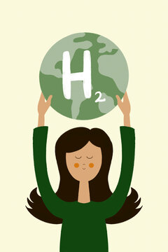 Flat style illustration of young woman with globe with H2 word