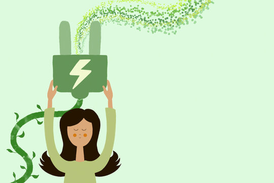 Cartoon female raising green electric plug with leaves