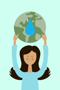 Flat style illustration of young woman with globe and water drop