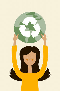 Flat style illustration of young woman with globe and recycle symbol
