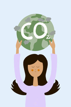 Flat style illustration of young woman with globe with CO2 word