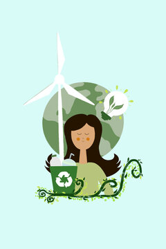 Flat style illustration of young woman with globe windmill light bulb environment