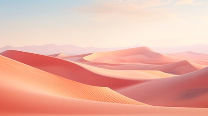 Fototapeta na wymiar Pale orange dunes and light pink sky. Desert dunes landscape with contrast skies. Minimal abstract background. Mountains in the distance.