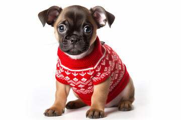 Cute dog puppy wearing red knitted winter sweater on white background