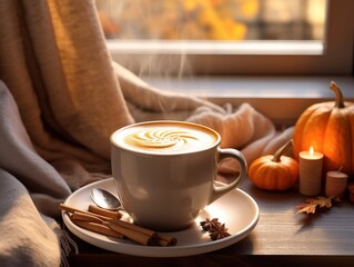 Coffee, cappuccino, with autumn decorations on a wooden surface, pumpkin spice Generative AI