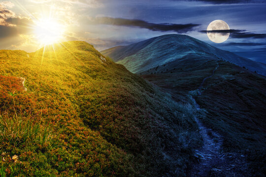 summer mountain landscape with sun and moon at twilight. foot path through hill side to the mountain top. day and night time change concept. mysterious countryside scenery in morning light