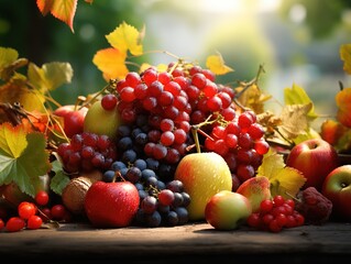 Autumn fruit harvest, grapes, apples, pears, fall, colorful background, wallpaper, Generative AI