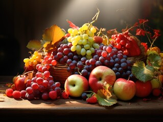 Autumn fruit harvest, grapes, apples, pears, fall, colorful background, wallpaper, Generative AI