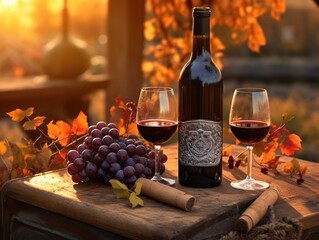 a bottle of wine with a glass, grapes, on a rustic table, vineyard in background, sunset light, warm tones, Generative AI