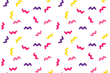 Creative cute squiggle print with colored abstract squiggles. Seamless pattern with doodles. design with basic shapes. Simple bright childish color scribble wallpaper print. Simple party confetti
