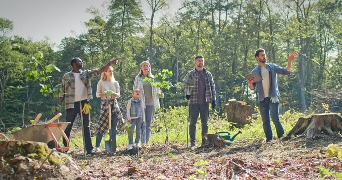 Side view of beautiful caring group of people helping nature doing forestation work listening to instructor. Enthusiastic kids and adults volunteers planting trees in nice forest. Nature concept.