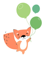 cute baby fox with balloons, vector illustration of fox with green balloons. funny fox jumping and playing. illustration of fox for children cartoons