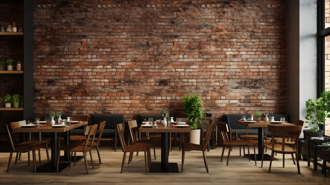 A restaurant with tables chairs and a brick wall