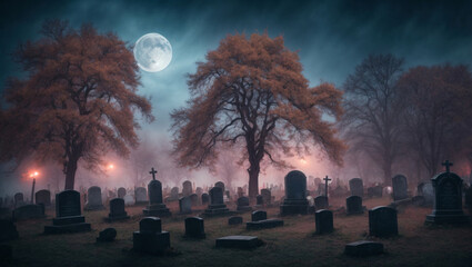 Halloween-themed, Moonlit Graveyard: A digital backdrop depicting a moonlit graveyard with tombstones, fog, and creepy trees, setting a mysterious and chilling atmosphere, generative Ai