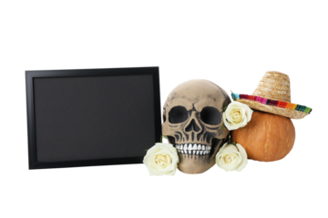 PNG,skull with flowers for Day of the Dead in Mexico, isolated on white background