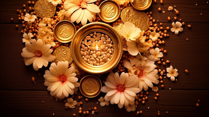 Happy Dhanteras background with golden pot and gold coins top view - ai generative