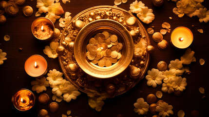 Happy Dhanteras background with golden pot and gold coins top view - ai generative - obrazy, fototapety, plakaty