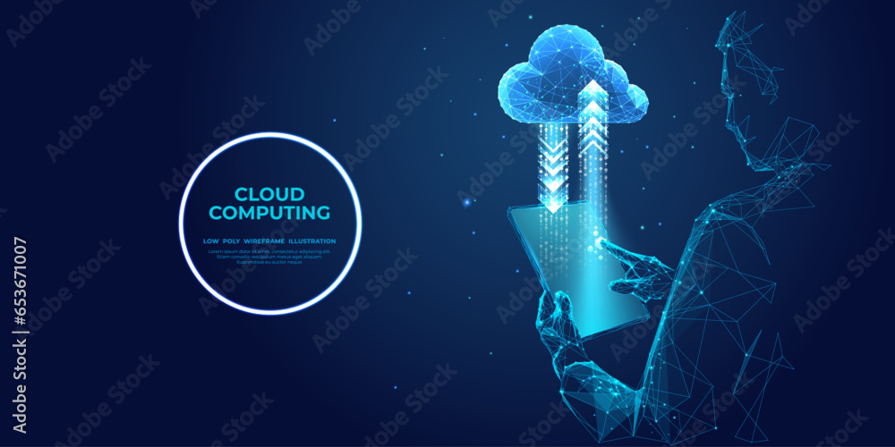 Poster Abstract businessman holds a tablet with a cloud computing icon network. Cloud technology, data transfer, and online data storage. Digital low poly wireframe vector illustration in futuristic style. 