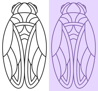 Dessin au trait fin d'une cigale, insecte qui chante l'&eacute;t&eacute; en Provence, vecteur modifiable isol&eacute; pour cr&eacute;ation graphique, coloriage simple 